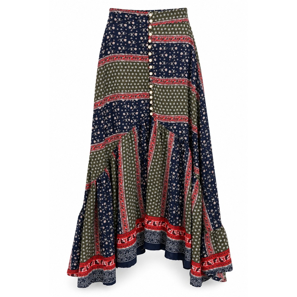 Vida Mia Patchwork Maxi Skirt Boho Floral Paisley Button Front Asymmetrical S - Picture 2 of 7